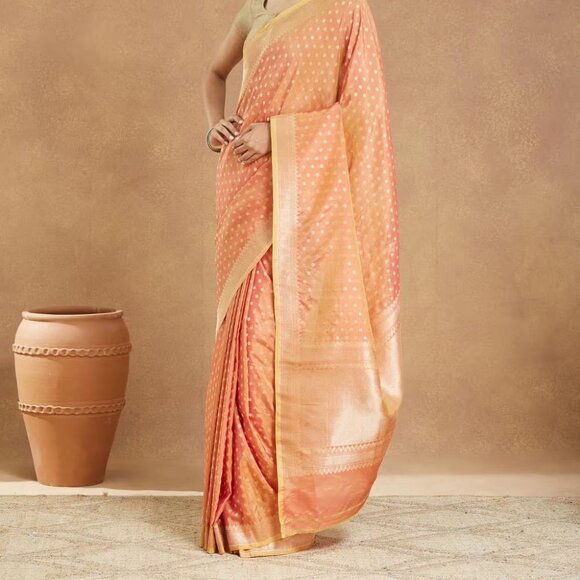 Fabindia - Orange Viscose Blend Banarsi Sari - Picture 3 of 7